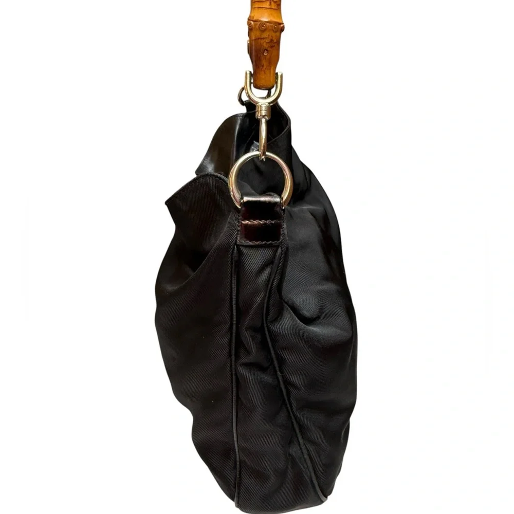 Gucci Vintage Bamboo Handle Nylon Shoulder Bag Black Made in Italy